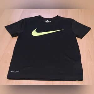 Nike Black Tee with Vibrant Yellow Logo 7Y